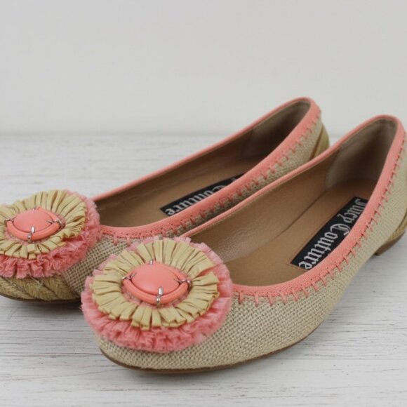 Juicy Couture Rayna Ballet Flats Y2K Straw Twill Floral Embellished Womens 6.5 M - Picture 1 of 9